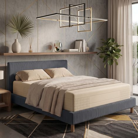 Lit velours côtelé 90x190 cm avec tête de lit coloris bleu nuit (1/4)