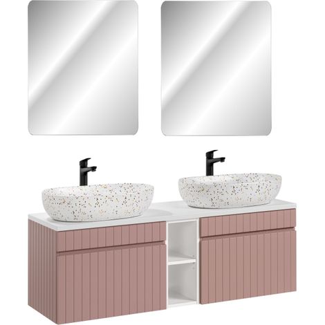 Ensemble meubles double vasques à poser avec miroir + 5 éléments - 140 cm - Emblematic Rose - Livraison gratuite