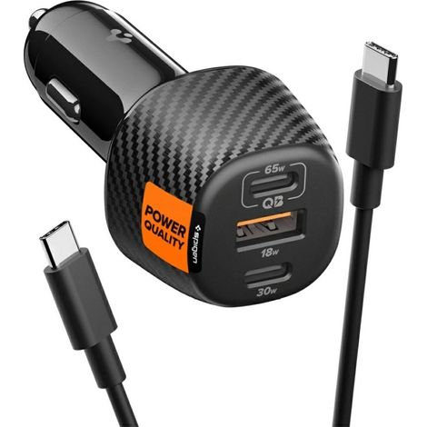 Caricabatterie da auto Spigen Essential EV1133 da 113 W con 2 porte USB-C/USB-A e cavo USB-C/USB-C, colore nero. (1/3)