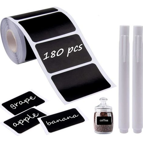 180 Étiquettes Autocollantes Noires Imperméables avec 2 Stylos à Craies - 60 x 40 mm (1/4)