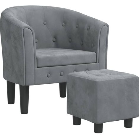 Poltroncina lounge dal design moderno con poggiapiedi in velluto grigio scuro imbottito e schienale arrotondato DEC026835