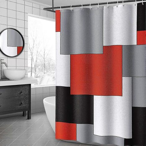 Rideau de douche rouge style moderne du milieu du siècle, accessoires de salle de bain, ensemble rideau de douche noir et gris avec 12 crochets, 183 x 183 cm (1/5)
