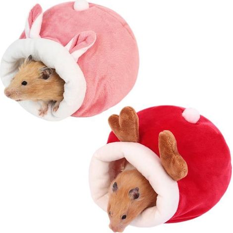 BelleRise - Ensemble de deux maisons pour cobayes, lit confortable pour animaux de compagnie, abri d'hiver intérieur, rouge et rose. (1/5)