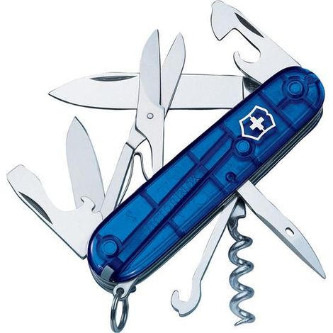 Victorinox Swiss Army Climber Multi-Tool Knife with 14 Functions, Includes Scissors and Multi-Purpose Hook, Lightweight 82g, Transparent Blue