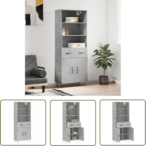 The Living Store Buffet haut Gris béton 69,5x34x180 cm Bois d'ingénierie - Buffet Design Moderne - Meuble Rangement Gris - Armoire Cuisine - Buffet Haute Capacité - Buffet Salon (1/5)