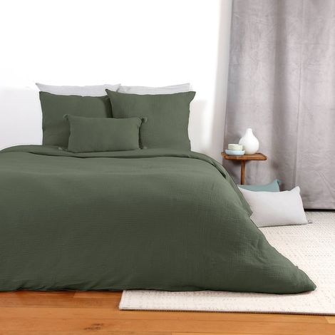 Parure de lit en double gaze de coton Vert Olive 240x220 cm