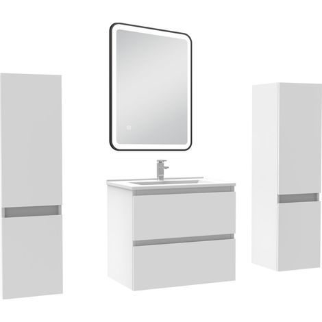 Acezanble Meubles Salle de Bain 60cm avec colonne + miroir lumineux 3 couleurs blanc