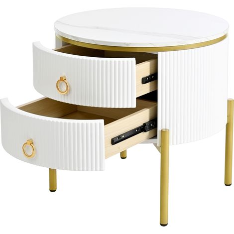 Tavolino rotondo con 2 cassetti, effetto marmo bianco e gambe dorate, 50 x 50 x 51 cm, MODENUIT (1/5)