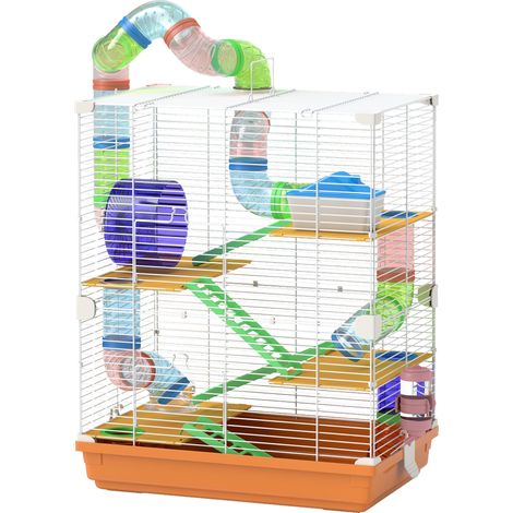 Cage à hamster à 5 étages avec tunnels, gamelle, roue d'exercice, maisonnette et échelles. Dimensions : 46 cm (L) x 30 cm (l) x 58 cm (H). Orange.