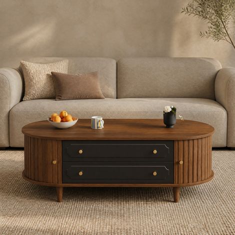 Mesa de centro 100x50x36 cm de madera, nogal y negro, con almacenaje FloraGrace (1/5)