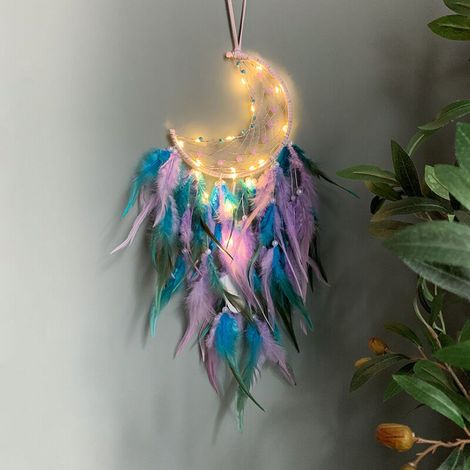 Capteur de rêves Lune avec LED Lumière Faite Main Mobiles Attrape-Rêves Turquoise Pendentif Tenture Murale Ornement pour Maison Chambre Décoration Murale Cadeau (1/5)