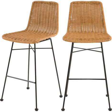 Lot de 2 chaises de bar mi-hauteur 63 cm en résine tressée marron - Mandya (1/5)