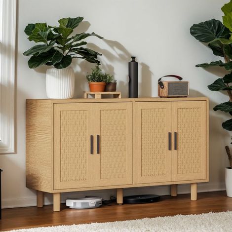 Skandinavische Kommode für das Schlafzimmer, 4 Türen, Rattan-Geflecht, Metallgriff - B 140 x T 40 x H 80 cm - Farbe Eiche