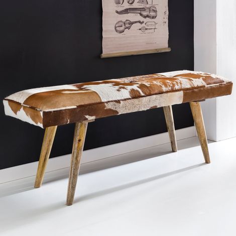 Banc 2 places 120x40x52 cm en cuir de chèvre marron et blanc (1/5)