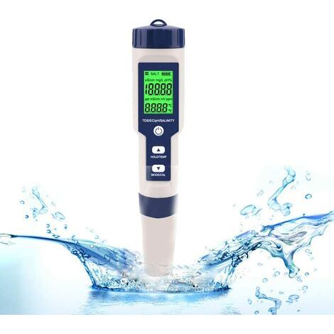 Elektronisches 5-in-1-Wasserqualitätsmessgerät – Misst pH-Wert, elektrische Leitfähigkeit, Gesamtfeststoffe, Salzgehalt und Temperatur – Automatische Kalibrierung – Kompakt für Schwimmbäder und Aquari (1/5)