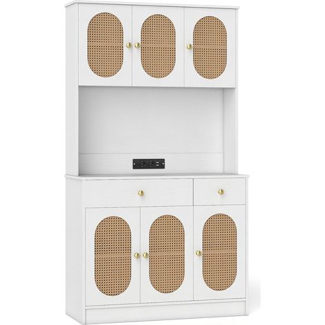 COSTWAY Mobile Dispensa 180 cm, Credenza Alta Cucina con 2 Cassetti, Stazione di Ricarica，Bianco (1/5)