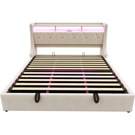 Cama arcón tapizada 180 x 200 cm en terciopelo beige, cabecero abatible, MODENUIT (1/5)