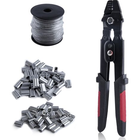 Lot de 102 outils de sertissage de câble métallique avec pince à sertir et câble métallique en acier inoxydable 304 de 50 m, 100 manchons à sertir en aluminium (1/5)