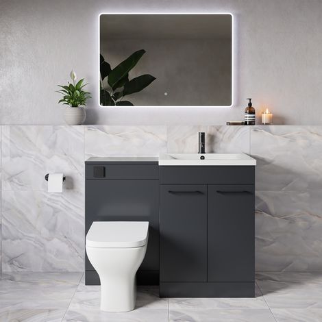 Napoli 460 Gloss Grey 1100mm 2 Door Vanity Unit Toilet Suite with Glide Basin - 1100mm - Matt Black 160mm HandleWith Kingston Toilet Pan and Seat