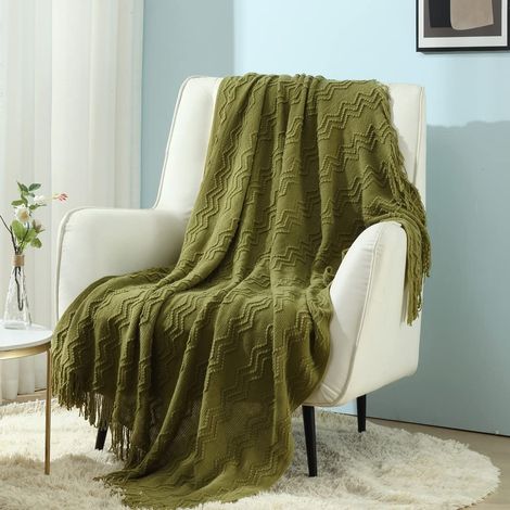 Plaid décoratif en tricot, doux, chaud, confortable, léger pour canapé, chaise, lit - Pour printemps, été - 127 x 152 cm, vert avocat (1/4)