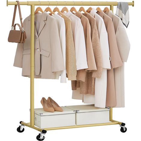 Portant à Vêtements avec Roulettes, Tringle Extensible pour Charge Lourde, Porte-manteau, Capacité de Charge 100 kg, 45 x (92-132) x 161,5 cm, Montage Facile, Doré Clair HSR013A01 (1/5)