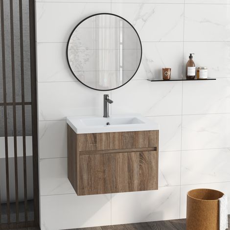 Meuble Lavabo de 60cm avec Lavabo en Céramique, Meuble Salle de Bain Suspendu en Bois avec Tiroir Soft Close, Marron Clair (1/5)
