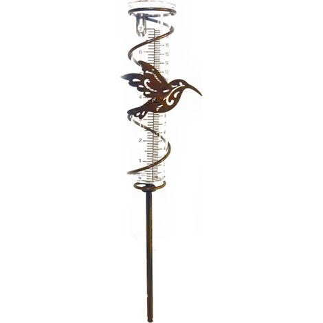 Dekorativer Regenmesser aus Eisen in Bronzeoptik mit Tiermotiv (Kolibri, Pfau, Schmetterling oder Vogel) und Metallständer für den Garten – 1 Stück (1/5)