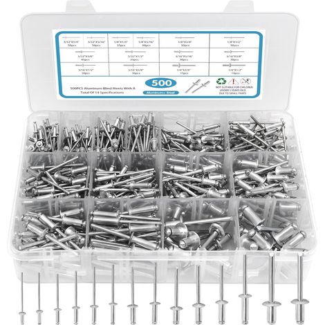 Kit de 500 rivets aveugles, 14 tailles de rivets en aluminium, assortiment, avec séparateur renforcé et boîte de rangement (1/5)