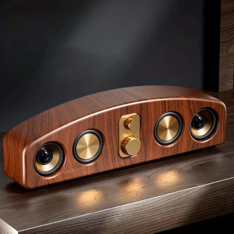 JSSEVN - Altavoz Bluetooth retro de madera con batería de 2400 mAh, sistema de sonido envolvente inalámbrico de 5.0 canales, diafragma compuesto, interruptor con cable/inalámbrico. (1/5)