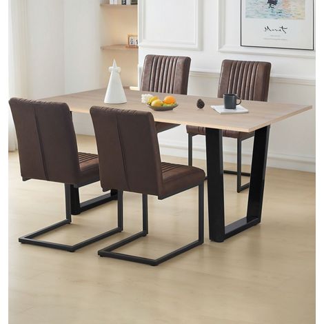 Hallowood Furniture Dudley Dining Table and Chairs Set 4, Kitchen Table with U Shaped Metal Legs and Brown Leather Effect Cantilever Chairs for Home, Cafe and Office, Dining Table Set for 4 (1/5)
