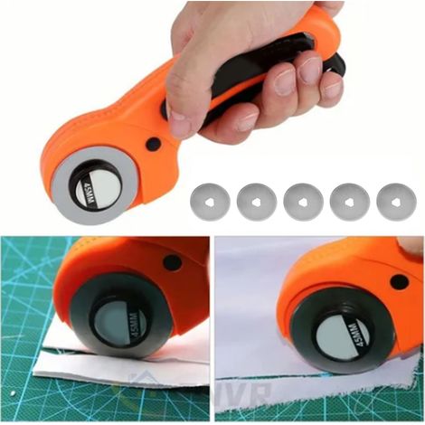 Couteau orange + jeu de 5 lames droites pour la découpe de tissu, la découpe rotative, la découpe manuelle de tissu, la découpe circulaire, lames de 45 mm. (1/5)