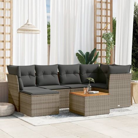 Ensemble Salon de Jardin 9 Pièces Gris Résine Tressée - 1 Table Acacia + 8 Fauteuils Modulables avec Coussins Détachables (1/3)
