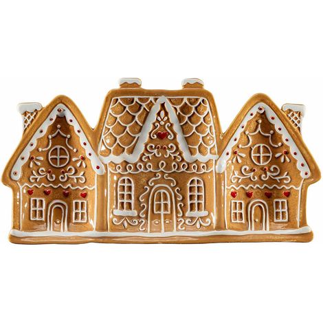 Piatti natalizi decorativi in ceramica a forma di casetta pan di zenzero con decori in rilievo