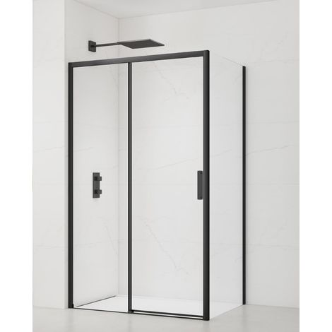 Swiss Aqua Technologies Set Mampara corredera/panel de cristal TEX BB 140x90cm con perfiles negro mate (SIKOTEXDBB140S90C)