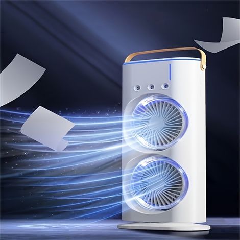 Ventilateur rechargeable oscillant à double tête à trois vitesses avec réservoir d'eau, ventilateur puissant, adapté au salon, au bureau, à la chambre (1/5)