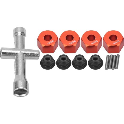 Écrou hexagonal de roue 12mm, adaptateur de moyeu 9mm, écrous à bride M4, clé croisée pour voiture RC 1/10 rouge (1/5)