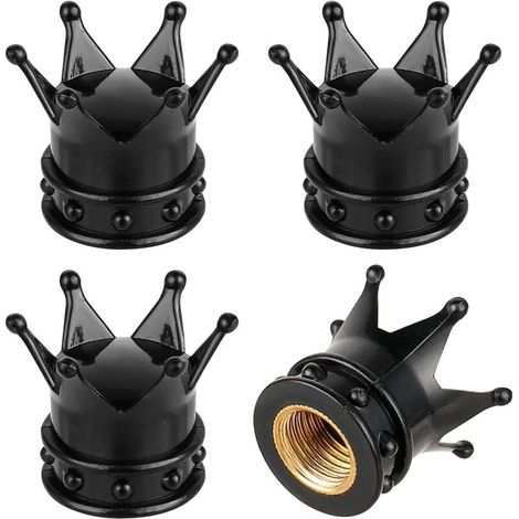4 bouchons de valve de pneu Crown noirs, universels pour toutes les voitures, SUV, camions et motos. (1/5)