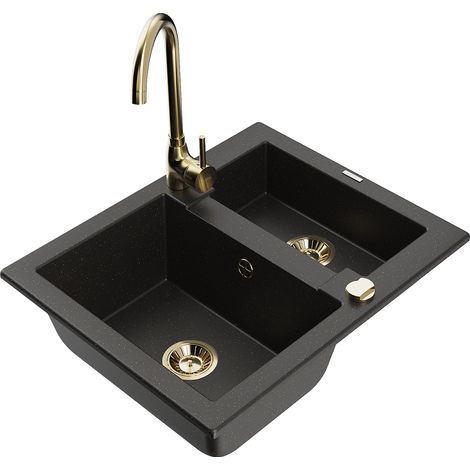 Mexen Carlos lavello in granito 1,5 vasca con rubinetto da cucina Telma, nero/oro metallizzato - 6518-75-670200-50 (1/5)