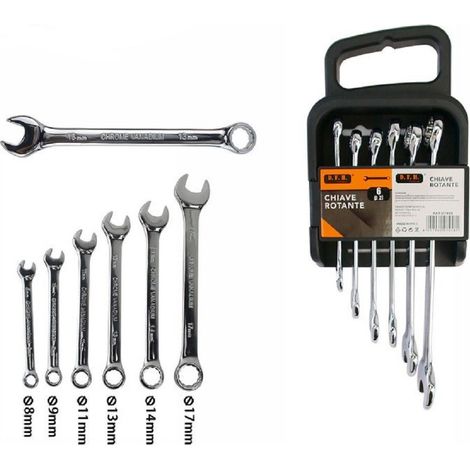 Trade Shop - Confezione 6 Pezzi Chiave Inglese Combinata Cricchetto Anello Varie Misure 07458 -