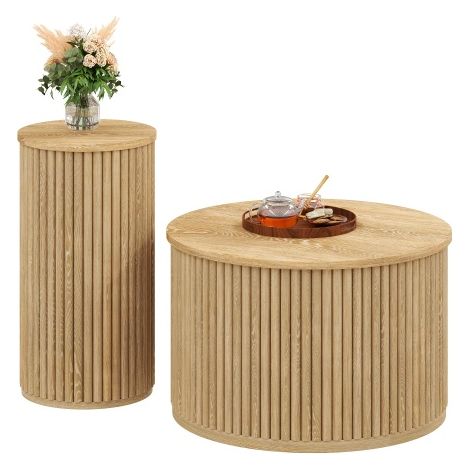 SOGES Table basse, table ronde double, table d'appoint avec plateaux en bois naturel. Table de salon multifonctionnelle (1/5)