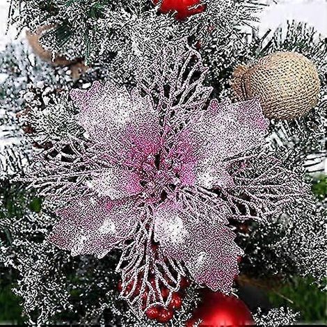 12 décorations scintillantes pour sapin de Noël, ornements floraux, pendentifs (rose, 24 cm) (1/5)