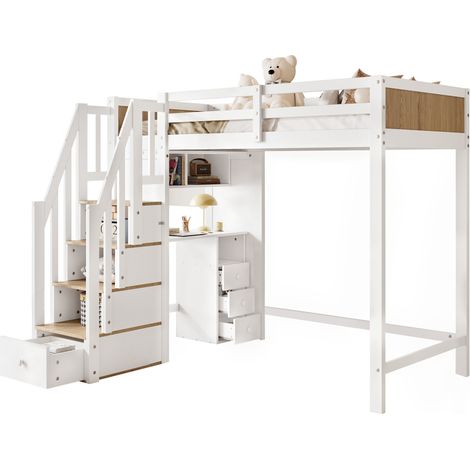 Lit mezzanine enfant 90x200 cm avec bureau, 3 tiroirs, bibliothèque ouverte et escalier de rangement, blanc et bois clair pour chambre d'enfant  CHICFURN (1/5)