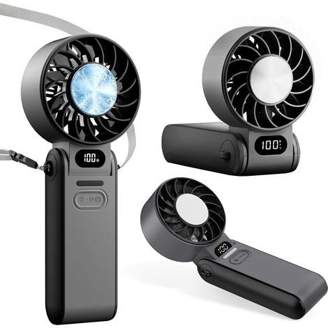 Ventilateur portable à brume rafraîchissante, mini ventilateur rechargeable, 5 vitesses turbo, affichage LED, jusqu'à 15 heures d'autonomie (noir). (1/5)