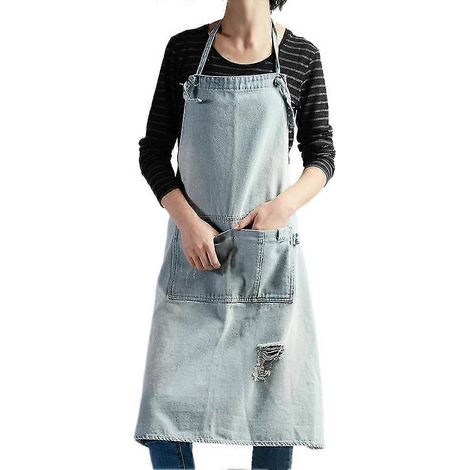1 Latzhalter-Jeansschürze mit Taschen zum Backen, Malen, Gartenarbeiten, Reinigen, Hellblau (1/5)
