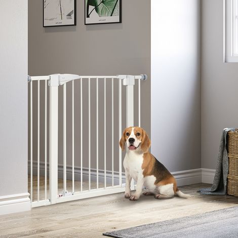 Barrière pour Chiens Petite et Moyenne Taille, Double Verrouillage et Fermeture Automatique, 76-103x4.2x77 cm, Blanc (1/5)