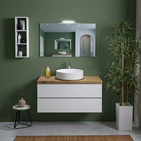 Mobile Bagno Sospeso 100Cm Bianco Export Con Top Rovere Naturale, Specchio E Lampada Berlin