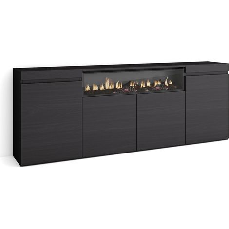 Skraut Home – Buffet moderne noir 200x75x35cm – 4 portes – Meuble de rangement avec cheminée électrique – Style contemporain (1/5)