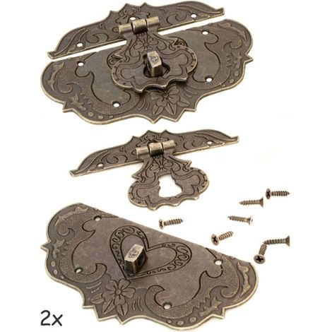 (76 x 56 mm), set di 2 ganci in ferro bronzo antico, chiavistelli per mobili, ferramenta per lucchetti, serrature per bauli e scatole scorrevoli (1/4)