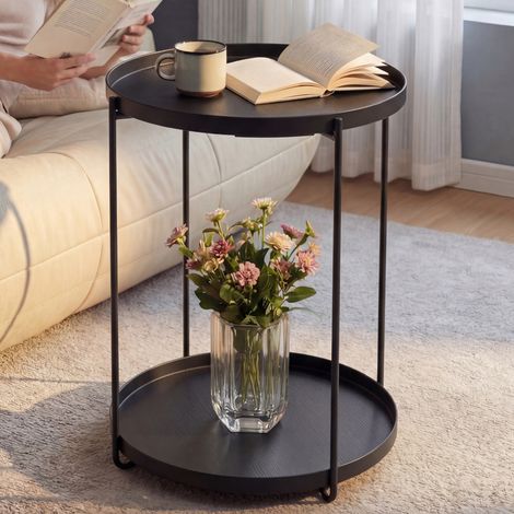 doporro Table d’Appoint Ronde de Rangement Étagère de Sol en Acier au Carbone Table Basse Décorative Double Plateaux Amovibles en Polypropylène 35×51 cm Noir Reglo-08 (1/5)