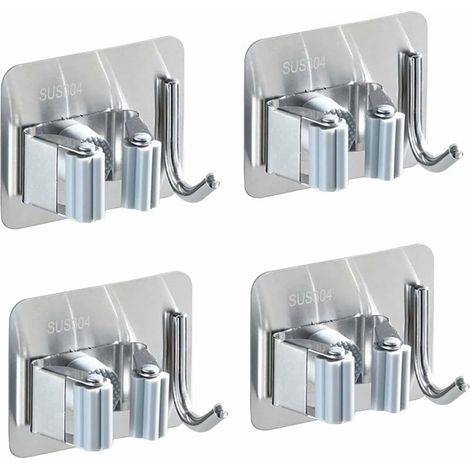 Lot de 4 supports muraux pour balai en acier inoxydable, porte-balai auto-adhésif, antirouille, avec 1 crochet et 1 fixation rapide pour vadrouille, balais et outils de jardin